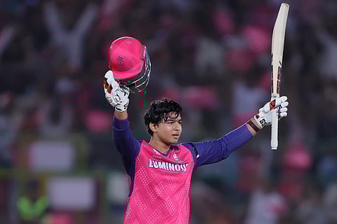 Rajasthan Royals' opener Vaibhav Suryavanshi celebrates after scoring his century in Indian Premier League Season 18 match against Gujarat Titans in Jaipur on Monday.