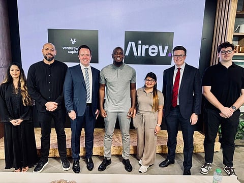 AIREV’s founding team, led by Muhammed Khalid (C) signed the agreement with Irish firm VentureWave in the UAE
