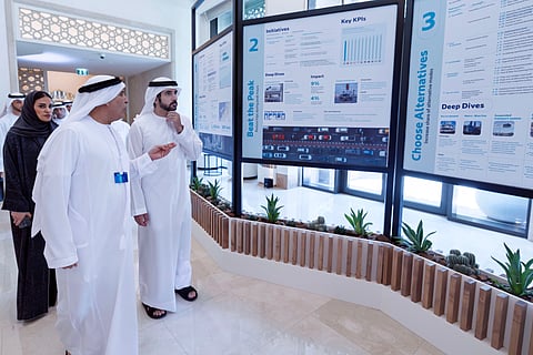 Sheikh Hamdan bin Mohammed bin Rashid Al Maktoum get briefing from Mattar Al Tayer during the RTA's Connecting Bridges Conference in Dubai on Wednesday