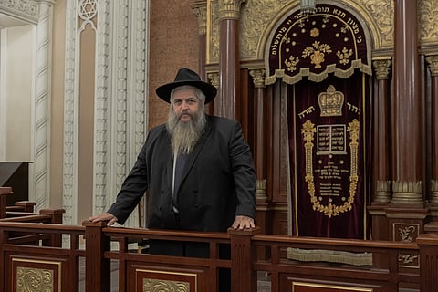 Chief Rabbi of Ukraine, Moshe Reuven Asman poses for a portrait during an interview with AFP, in Brodsky Synagogue, in Kyiv, on April 30, 2025.
