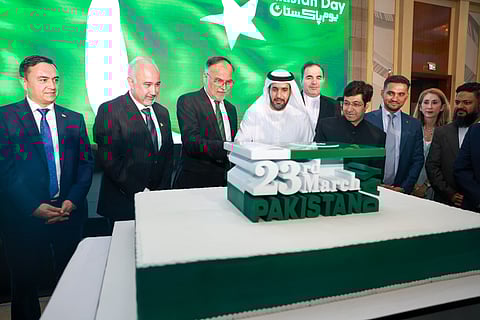 Faisal Niaz Tirmzi (2nd from left); Professor Ahsan Iqbal, Khalid Muhammad Al-Kaabi and Hussain Mohammed during the Pakistan Day reception in Dubai.