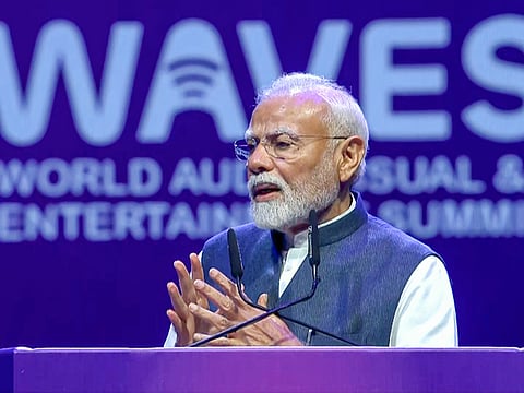 India's Prime Minister Narendra Modi addresses the inauguration of the World Audio Visual and Entertainment Summit (WAVES) 2025, at the Jio World Convention Centre in Mumbai on Thursday, May 1, 2025.