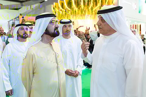 His Highness Sheikh Mohammed bin Rashid Al Maktoum, Vice President, Prime Minister and Ruler of Dubai during a tour at the Arabian Travel Market in Dubai.