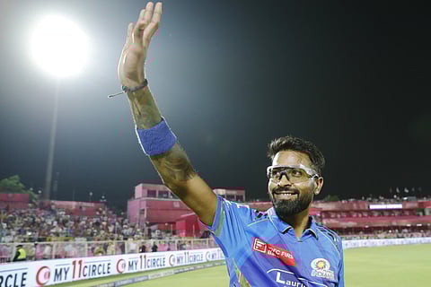 Hardik Pandya of Mumbai Indians celebrating his team's win against Rajasthan Royals in the Indian Premier League Season 18 in Jaipur on Thursday.