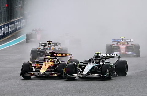 Oscar Piastri of Australia driving the (81) McLaren MCL39 Mercedes and Andrea Kimi Antonelli of Italy driving the (12) Mercedes AMG Petronas F1 Team W16 battle for track position at the start during the Sprint ahead of the F1 Grand Prix of Miami at Miami International Autodrome on May 03 in Miami, Florida.
