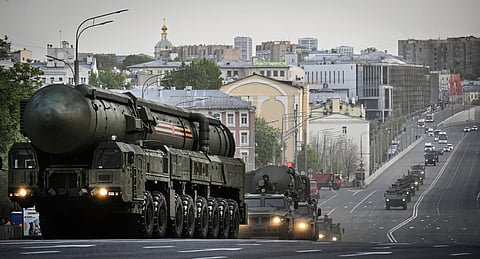 Russian Yars Intercontinental ballistic missiles (ICBM) drive through central Moscow during a rehearsal for the Victory Day parade where Russia will celebrate the 80th anniversary of the 1945 defeat of Nazi Germany, on May 3, 2025.