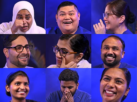 Nurses react with joy after learning they each won an SUV for their exceptional service. (From left to right) Soher Mohammed, Mark Darrel, Mei Alegre, Mohammed Hamid Taher, Ani M Jose, Vishnu Prasad, Priyanka Devi, Nabil Ikbal, and Archana Kumari.