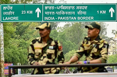 Indian Border Security Force (BSF) personnel stand guard near the India-Pakistan Wagah border post, about 35kms from Amritsar on May 4, 2025.