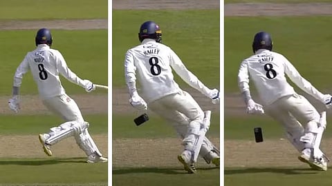 Cricketer drops mobile phone while taking a run in England