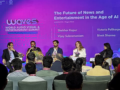From left: Shekhar Kapur, Indian film director; Vijay Subramanian, founder and CEO of Collective Artists Network; Bivek Sharma, Chief AI Officer, PwC UK; Viktoria Polikarpova, deputy director of Sputnik News Agency; and moderator Pragya Misra, Public Policy and Partnerships Lead at OpenAI in India, during the World Audio Visual and Entertainment Summit in Mumbai on May 2, 2025.