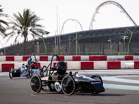 School students compete in the electric cars designed and created by them during the Greenpower UAE Grand Prix at Yas Marina Circuit on Sunday.