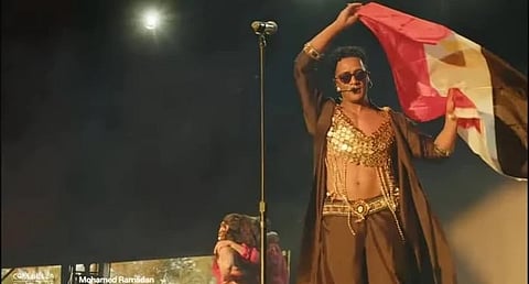 Mohammed Ramadan raising the Egyptian flag while performing at the US Coachella music festival last month.