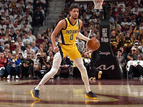Tyrese Haliburton, the hero in Game 2 for the Indiana Pacers handles the ball during the game against the Cleveland Cavaliers during Round Two Game Two of the 2025 NBA Playoffs.