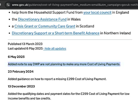 A note on the official government website dated May 6, 2025 stated: "DWP are not planning to make any more Cost of Living Payments."