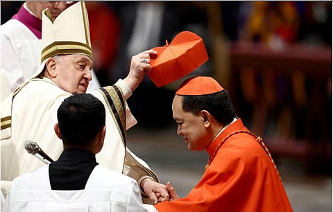 File photo shows Pope Francis elevating Filipino Bishop Pablo "Ambo" David of Kalookan, one of the poorest corners of Manila, to the College of Cardinals on December 7, 2024. Rodrigo Duterte, while president of the Philippines, cursed both Pope Francis and then-Bishop David.