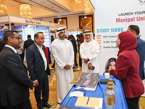 Dr Eesa Al Bastaki, President of the University of Dubai; Abdulaziz Al Nuaimi, Assistant Undersecretary of Economic Affairs at the Ministry of Economy; and Vijay Vaghela, Interim CEO of Gulf News, inaugurates Gulf News Edufair Dubai 2025.