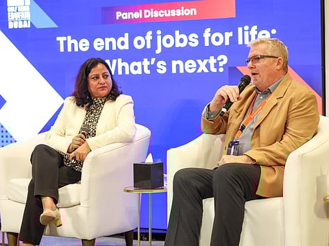Dr Roma Raina, Head of Corporate Alliances and Partnerships, Manipal Academy of Higher Education, Dubai and Gary Smith, Head of Incubation Centre, Amity University Dubai during a panel discussion on the opening day of Gulf News EduFair 2025.