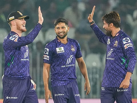 Quetta Gladiators' players celebrate their win over Islamabad United in the Pakistan Super League match on Wednesday. The Pakistan Cricket Board has shifted the reminder of PSL Season 10 to UAE.