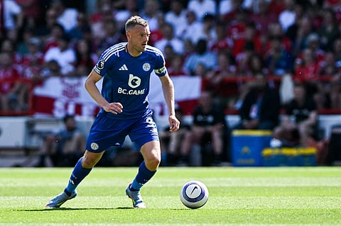 Leicester City's English strikerJamie Vardy controls the ball during the English Premier League football match against Nottingham Forest at The City Ground in Nottingham, central England, on May 11, 2025.