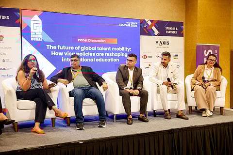 Shivani Kumar, Director of University Guidance Counselling, UniHawk,  Dr. Muhammad Yousuf Qadri, Chief Executive Officer, Qadri International Educational Consultancy, Abheet Bharti, Founder and CEO, GuideMe Education, Tejas Labhshetwar, Founder and CEO, Gyanberry, and Seema Krishna, Head Counsellor and Assistant Manager, Score Plus Education speaking at the panel titled The future of global talent mobility: How visa policies are reshaping international education