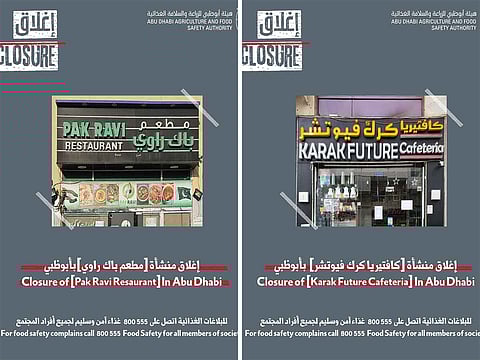 Among the establishments shut down are Karak Future Cafeteria, Lahore Garden Grill Restaurant & Cafeteria, Pak Ravi Restaurant, Saltie Desi Darbar, and Rukn Al Maqam Restaurant.