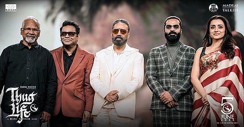 A look at the star-studded cast of Thug Life: Mani Ratnam, AR Rahman, Kamal Haasan, Simbu and Trisha (left to right)