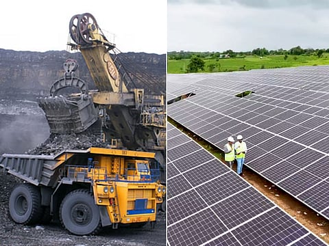 A coal mine (left) and a solar farm: While India has sufficient coal reserves for its energy security, the state-owned CIL is making a major shift to renewables.