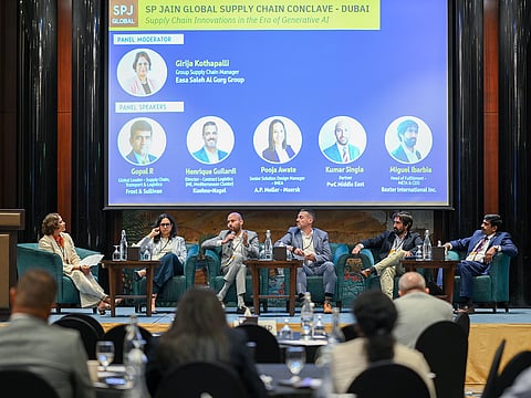 Pictured here from left to right: Girija Kothapalli (Group Supply Chain Manager at Easa Saleh Al Gurg Group), Pooja Awate (Senior Solution Design Manager – IMEA at A. P. Moller - Maersk), Kumar Singla (Partner at PwC Middle East), Henrique Guilardi (Director – Contract Logistics, ME Mediterranean Cluster, Kuehne+Nagel), Miguel Ibarbia (Head of Fulfillment, META & CEEI at Baxter A. G), Gopal R (Global Leader – Supply Chain, Transport & Logistics at Frost & Sullivan).