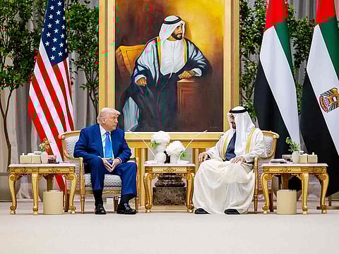 His Highness Sheikh Mohamed bin Zayed Al Nahyan, President of the United Arab Emirates meets with Donald Trump, President of the United States of America, during a state visit reception at Qasr Al Watan.