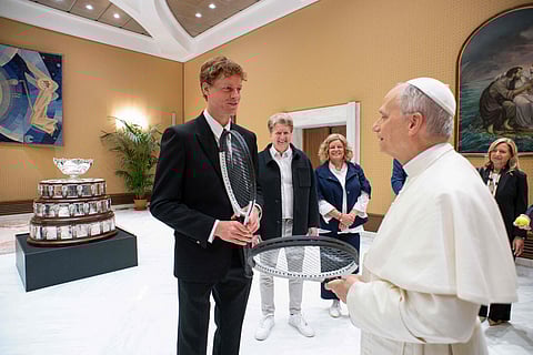 Pope Leo XIV meeting Jannik Sinner and his family during a private audience on Wednesday.