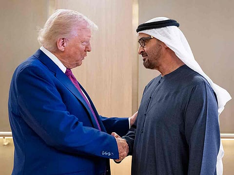 His Highness Sheikh Mohamed bin Zayed Al Nahyan, President of the United Arab Emirates, receives Donald Trump, President of the United States of America, at the Presidential Airport in Abu Dhabi.