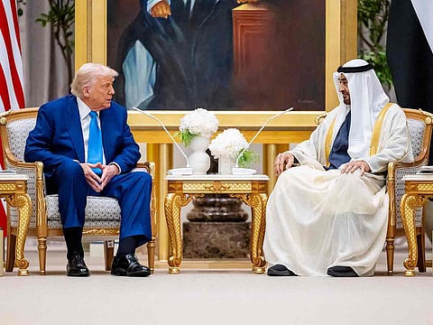 His Highness President Sheikh Mohamed bin Zayed Al Nahyan meets with US President Donald Trump, during a state visit reception at Qasr Al Watan.