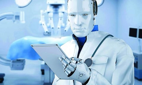 Patients describe their symptoms on a tablet, where Dr. Hua follows up with questions and analyzes diagnostic data, including cardiograms and X-rays, with assistance from human medical staff.