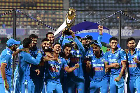 Indian players celebrate with the trophy after winning the Asia Cup 2023 against Sri Lanka in Colombo in 2023.