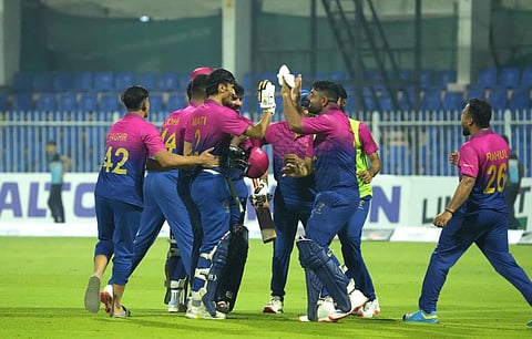 UAE players celebrate their win against Bangladesh in the second Twenty20 at Sharjah Cricket Stadium on Monday.