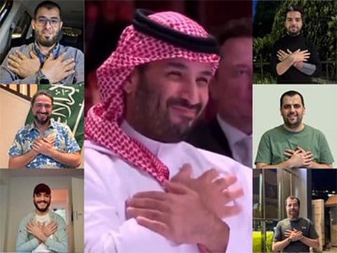 Prince Mohammed places both hands on his chest — a traditional gesture of respect and appreciation as he thanked Trump.