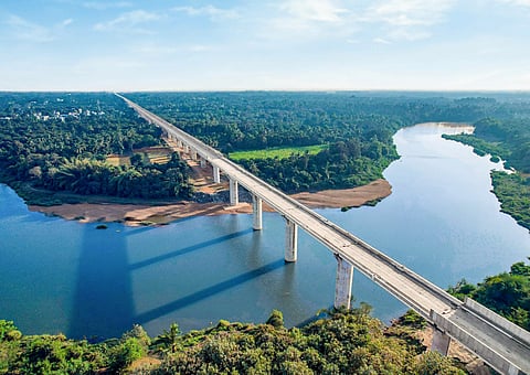 An aerial view of India’s first Bullet Train corridor between Mumbai and Ahmedabad after completion of 300 km of viaducts, on Tuesday.
