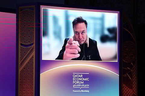 Elon Musk speaks via video link at the Qatar Economic Forum on May 20