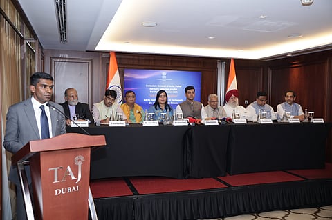 Consul General of India in Dubai Satish Kumar Sivan introduces the all-party delegation of Indian MPs seen along with the Indian Ambassador to the UAE Sunjay Sudhir (extreme right) at the press conference in Dubai on Friday.