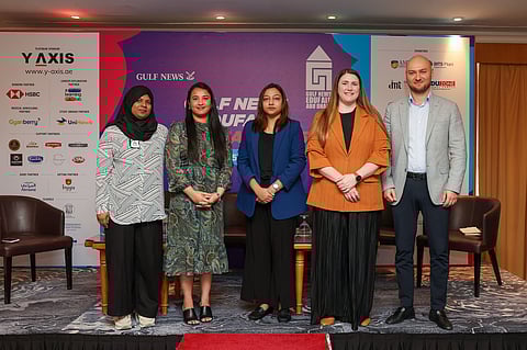 Reshma Ibrahim Belma Kankoor, CU Guidance Counsellor, Asian International Private School, Al Dhannah City, Ariba Rao, School Counsellor, GEMS United Indian School, Aneeta Sumin Joy, School counsellor, International Indian School, Abu Dhabi, Kylee Ann Schnitzer, English Instructor cum University Essay Coach, Score Plus Education, and Andy Awad, Deputy Director, SABIS Regional Centre UAE during a panel discussion on the first day of GN Edufair Abu Dhabi on Saturday.