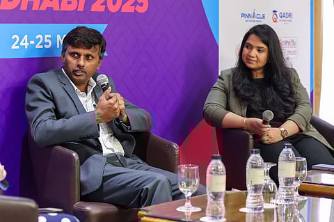Dr Tamizharasan, Assistant Professor & Deputy Head of Department of Computer Science, BITS Pilani, Dubai Campus, and Prof. Elsa Ashish Thomas, Chairperson of the Manipal Institute of Liberal Arts (MILA) at MAHE Dubai, speaking at the panel titled 'Building human-centric competence in tech-heavy times'