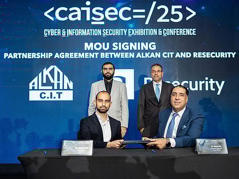 Seated from left to right: Ahmad Halabi, Managing Director of Resecurity; Eng. Ahmed Galal, CEO of Alkan CIT