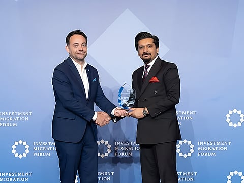 Bruno L’ecuyer (left), Co-founder and Chief Executive of Investment Migration Council (IMC), presents IMC Partner Award to Adnan Shoukat, CEO of Tisoro Global at IMC Forum 2025 at Ritz Carlton Dubai earlier this month
