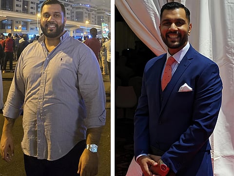 Five-month journey: This combo photo shows Zubair Chaudhry enjoying the New Year’s Eve fireworks at the Burj Khalifa to welcome 2025, and later, after completing the RAK Biggest Weight Loss Challenge last week.