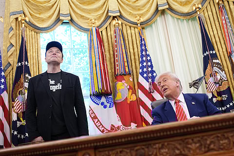 S. President Donald Trump, joined by Tesla CEO Elon Musk, speaks to reporters in the Oval Office of the White House on May 30, 2025 in Washington, DC.