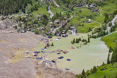 An aerial view shows the destruction of Blatten, Switzerland, Thursday, May 29, 2025, one day after a massive debris avalanche, triggered by the collapse of the Birch Glacier, swept down to the valley floor and demolished large parts of the village.