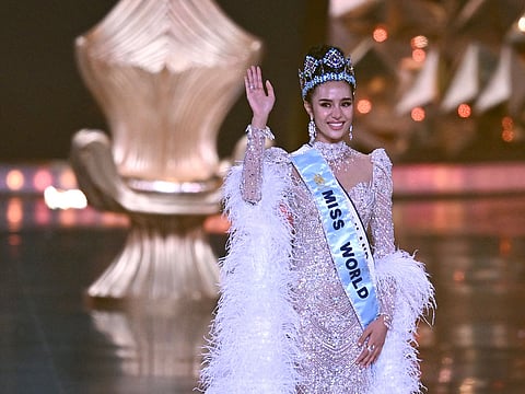 Thailand’s Opal Suchata Chuangsri celebrates after winning the 72th Miss World 2025 pageant at the HITEX Exhibition Centre in Hyderabad on May 31, 2025.