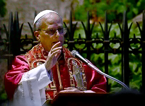 Pope Leo XIV delivers his blessing as he presides over the celebration of the conclusion of the Marian month of May, with a thanksgiving prayer and reflections on the Mother of God, at the Vatican on May 31, 2025.