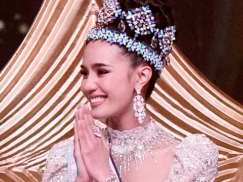 Opal Suchata Chuangsri of Thailand smiles after she was crowned Miss World in Hyderabad, India, Saturday, May 31, 2025.