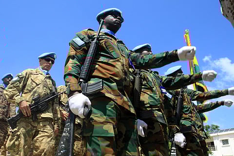 Peacekeepers from the United Nations Interim Forces In Lebanon (UNIFIL) commemorate the 77th anniversary of UN Peacekeepers Day in the force headquarters base in the southern Lebanese village of Naqoura.